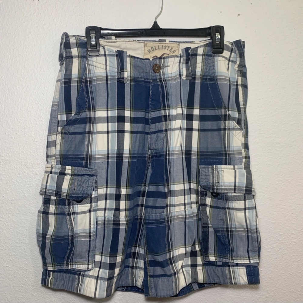 Hollister Men’s Cargo Shorts 30 Blue White Plaid School Surf Button Fly Y2K